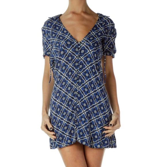 Free People Blue White Geometric Boho Mini Day Dress Button Up Size 0 - Picture 1 of 10